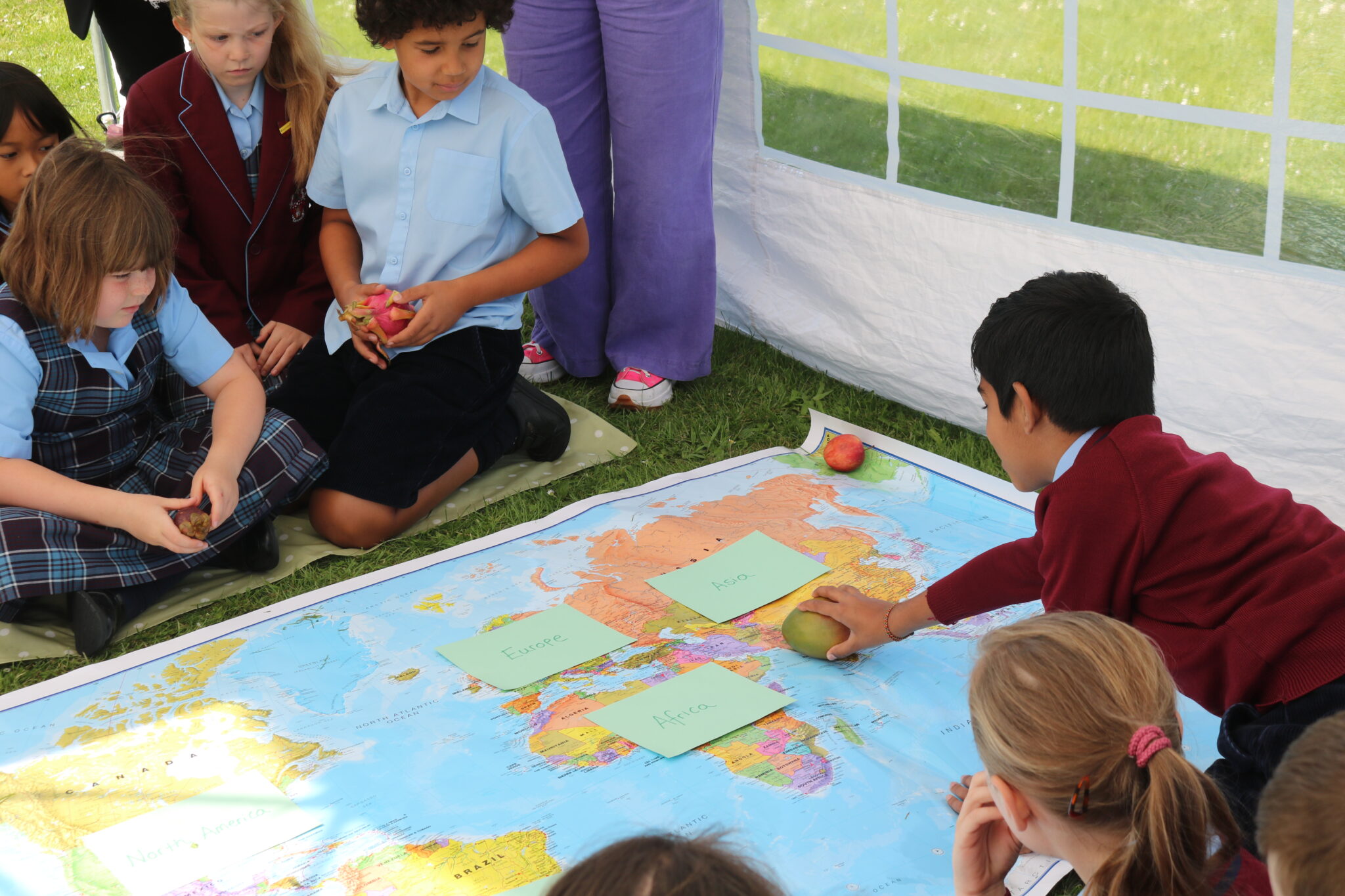 Children placing fruits on map of the world